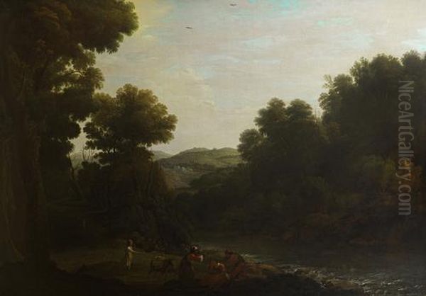 Shepherds And Shepherdesses 
Grazing Their Sheep In An Italianate Landscape, A Village On The Horizon Oil Painting by Herman Van Swanevelt