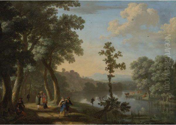 An Italianate River Landscape 
With Figures Along A Path, Afisherman And Cattle Watering On The 
Opposite Bank Oil Painting by Herman Van Swanevelt