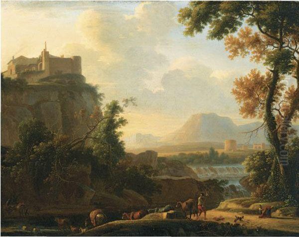 A Southern Landscape With 
Peasants And Their Cattle Crossing Astream, A Hill Town Above And A 
Waterfall Beyond Oil Painting by Herman Van Swanevelt