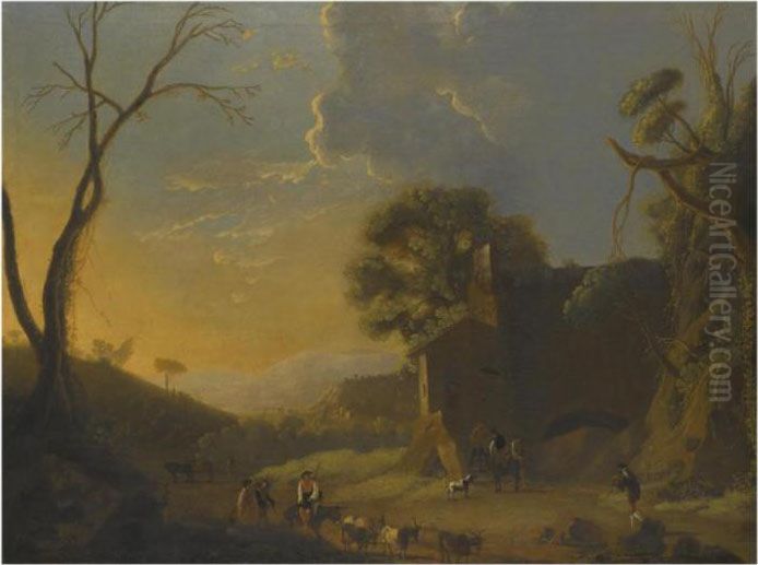 An Extensive Italianate 
Landscape With Travellers And Goat Herders Resting In The Foreground Oil Painting by Herman Van Swanevelt