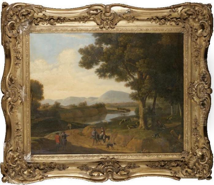 An Italianate River Landscape 
With Figures On A Road, A Shepherd Resting With His Flock Beyond Oil Painting by Herman Van Swanevelt