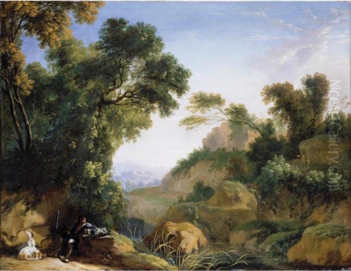 A Huntsman And His Hounds At Rest In An Extensive Mountainous Landscape Oil Painting by Herman Van Swanevelt