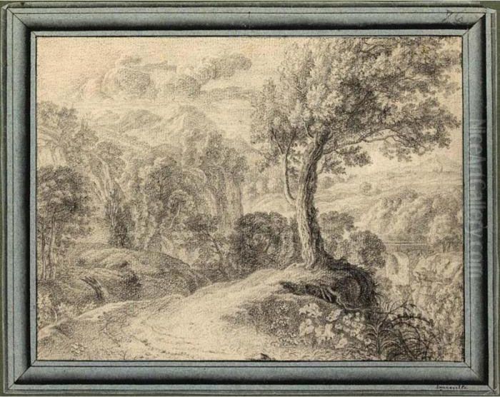 A Mountainous Landscape With A Tree In The Foreground Oil Painting by Herman Van Swanevelt