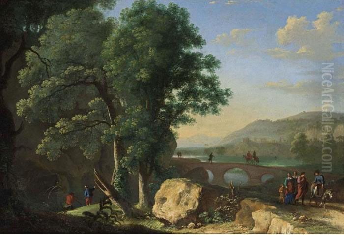 An Italianate Landscape With 
Figures Together With A Man On A Donkey In The Foreground, Fishermen 
Near A River, And Horsemen And Other Figures On A Bridge Beyond Oil Painting by Herman Van Swanevelt