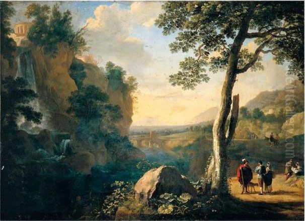 A Southern Landscape With A 
Fisherman And Figures Conversing On A Road Beside A Waterfall, A Hill 
Town Above And A Bridge Beyond Oil Painting by Herman Van Swanevelt