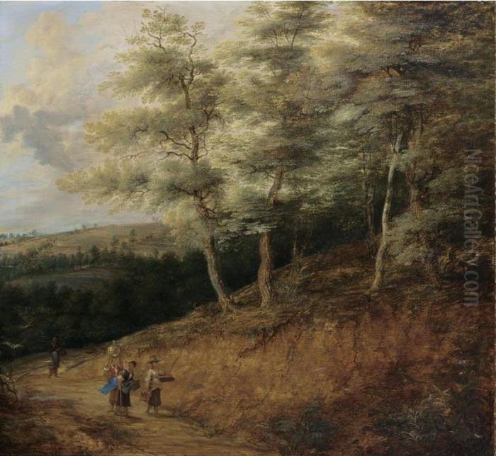A Wooded Landscape With A Woman 
Carrying A Waterjug On A Path, Together With Other Women Carrying 
Baskets Nearby Oil Painting by Lucas Van Uden