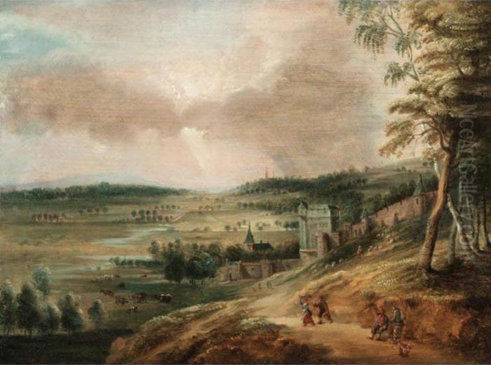 Extensive Landscape, With Figures On A Track, A Town Beyond Oil Painting by Lucas Van Uden