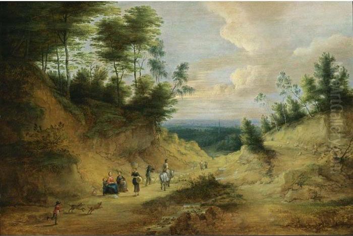 A Wooded Dune Landscape With 
Travellers And Dogs Resting Near A Path Together With A Horseman, And A 
Shepherd With His Flock, With A View Of A Village Beyond Oil Painting by Lucas Van Uden