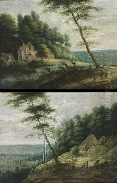 An Extensive Wooded River 
Landscape With Peasants, Sheep And Goats In The Foreground, A A View Of A
 Valley In The Distance Oil Painting by Lucas Van Uden