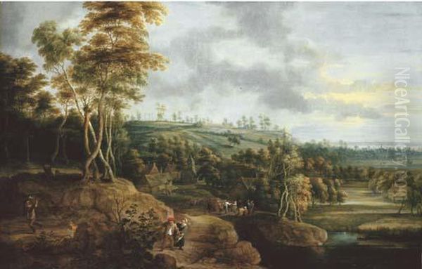 An Extensive River Landscape 
With A Peasant Couple In The Foreground, A Village Kermesse Beyond Oil Painting by Lucas Van Uden