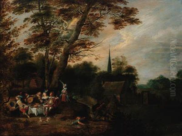 Elegant Company At Table In A 
Wooded Landscape, A Village Beyondwith An Angel Of The Apocalypse Above Oil Painting by Lucas Van Uden