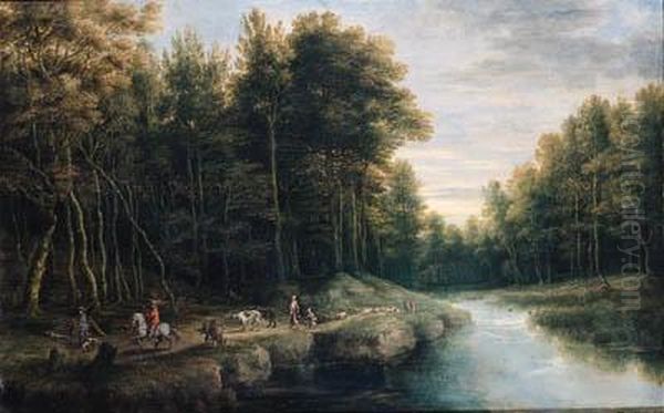 Sportsmen, Shepherds And 
Peasants On A Track By A Brook In Aforest, Another Sportsman Shooting 
Duck Nearby Oil Painting by Lucas Van Uden