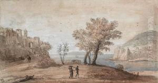 A Capriccio Of Two Travellers In
 A Coastallandscape Beneath A Fortified Village, An Island Beyond Oil Painting by (circle of) Wittel, Gaspar van (Vanvitelli)