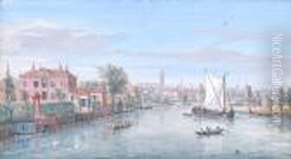 A View Of Amersfoort From The 
North Withvarious Vessels On The River Eem In The Foreground, The Onze 
Lievevrouwetoren (tower Of Our Lady) Beyond Oil Painting by (circle of) Wittel, Gaspar van (Vanvitelli)
