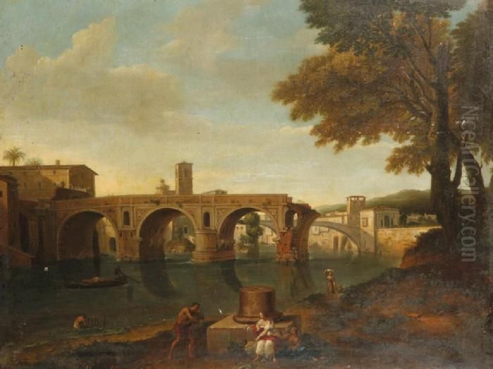 A View On A River, Probably The Tiber At The Ponte Rotto, Rome Oil Painting by (circle of) Wittel, Gaspar van (Vanvitelli)