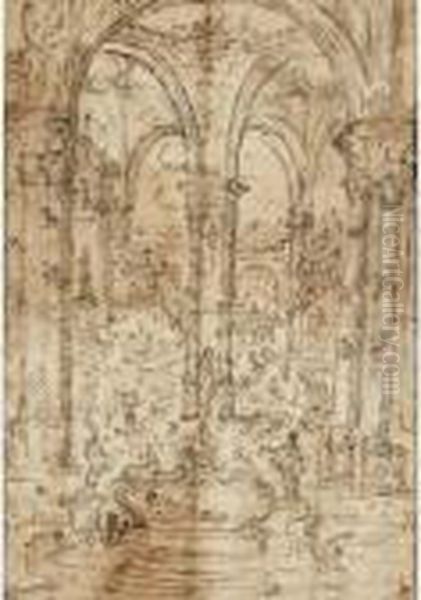 [follower Of Gaspar Van Wittel, 
Called Vanvitelli ; Fantastical View Of A Palace Interior ; Pen And 
Brown Ink] Oil Painting by (circle of) Wittel, Gaspar van (Vanvitelli)