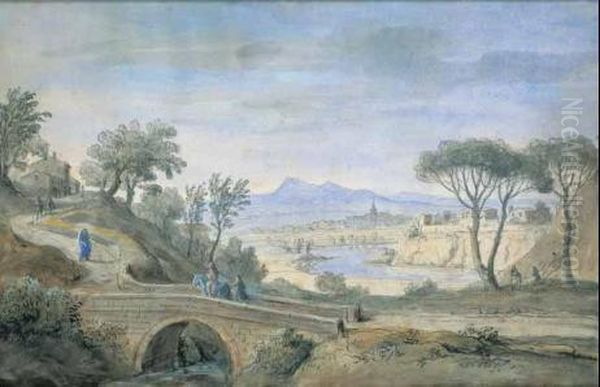 A) Veduta Ideata Con Montagna, 
Lago Ed Alcune Figure B) Veduta Ideata Con Ponte Ed Alcuni Viaggiatori 
Inchiostro Oil Painting by (circle of) Wittel, Gaspar van (Vanvitelli)