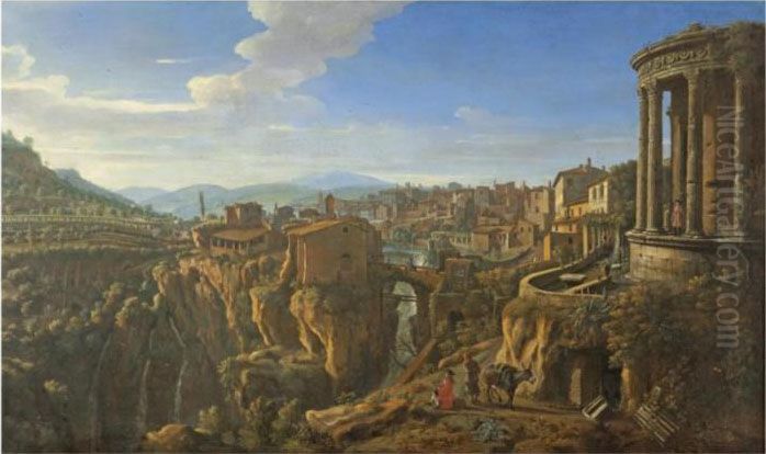 A View Of Tivoli, With The Temple Of Vesta And The Bridge Of Sanmartino Oil Painting by (circle of) Wittel, Gaspar van (Vanvitelli)