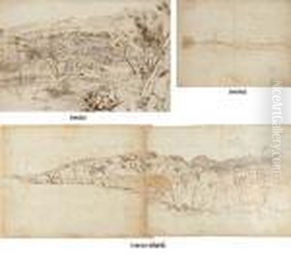Vue De La Ville De Sorrente Aux 
Environs De Naples (recto); Vue Du Vesuve Au Lointain (verso); Vue De La
 Baie De Sorrento, Des Collines I L'arriere Plan (verso Deplie) Oil Painting by (circle of) Wittel, Gaspar van (Vanvitelli)