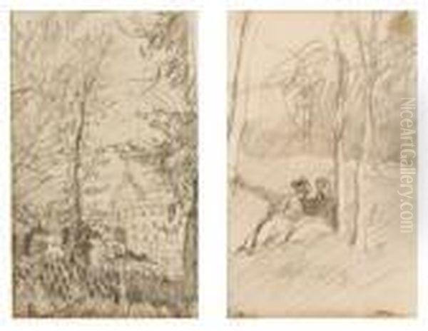 Due Figure Sedute Fra Gli Alberi 
Veduta Di Cupola Attraverso Gli Alberi Oil Painting by Scipione Vannutelli