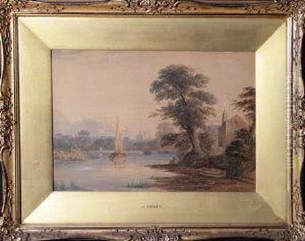 A River Scene With An Angler 
Beneath A Tree In The Foreground And Asailing Barge In The Middle 
Distance Oil Painting by John Varley