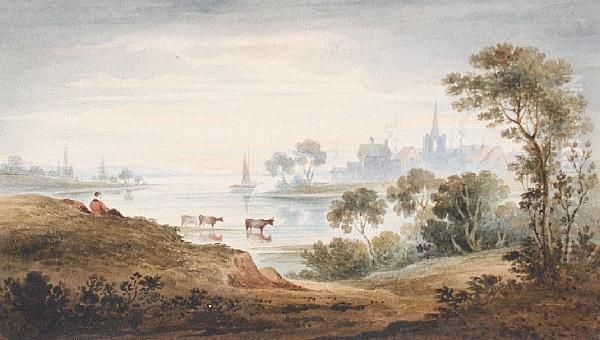 Cattle Watering In A River Landscape Oil Painting by John Varley