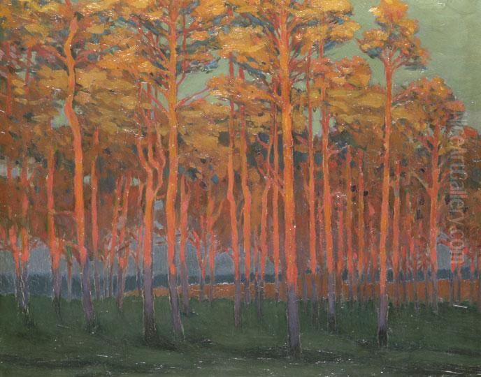 Fak Lemeno Nap Fenyeben Oil Painting by Janos Vaszary