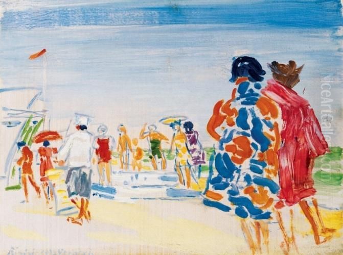 Beach In Rimini With Bathers Oil Painting by Janos Vaszary