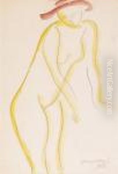 Nude In Red Hat Oil Painting by Janos Vaszary