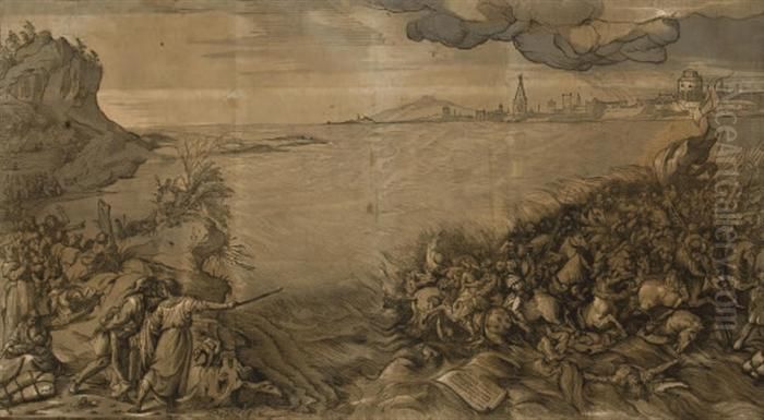 La Destruction De L'armee De 
Pharaon Dans La Mer Rouge Probablement Par John Baptist Jackson Oil Painting by Tiziano Vecellio (Titian)