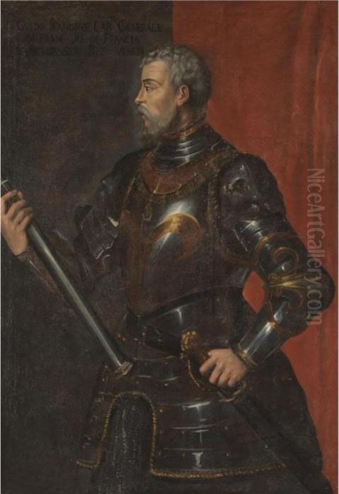 Portrait Of The The Condottiere 
Guido Rangoni (d. 1543), Half Length, Wearing Armour And Holding A 
Marshal's Baton Oil Painting by Tiziano Vecellio (Titian)