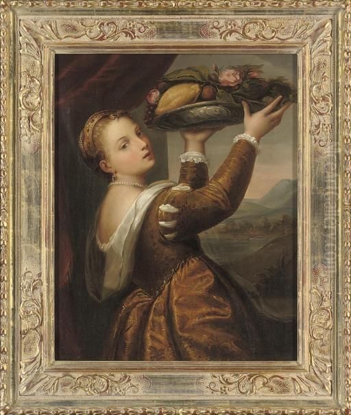 Portrait Of The Artist's 
Daughter, Lavinia, Half-length, Holding A Bowl Of Fruit And Flowers, In 
An Interior, A Landscape Beyond Oil Painting by Tiziano Vecellio (Titian)