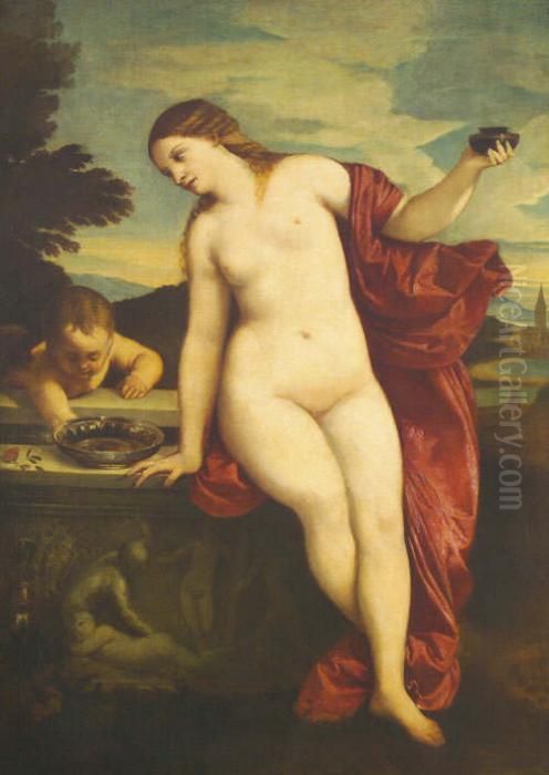 Venus And Cupid, Venus Standing 
On An Ornately Carved Balcony, Cupid Nearby And An Extensive Landscape 
Beyond Oil On Canvas, 118cm By 85cm *contained Within Its Original 
Elaborately Decorated 19th Century Gilt Plaster Frame See Illustration Oil Painting by Tiziano Vecellio (Titian)