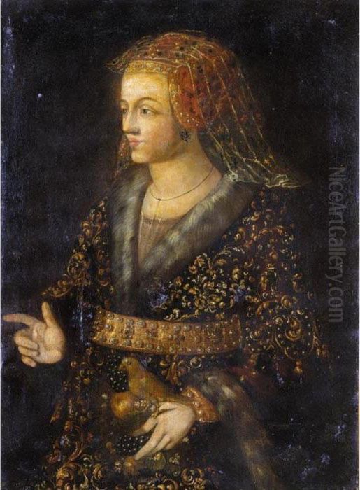 Portrait Of A Lady, 
Three-quarter Length, Wearing An Elaborately Embroidered Fur-lined Dress
 And With A Bird Perched On Her Finger Oil Painting by Tiziano Vecellio (Titian)