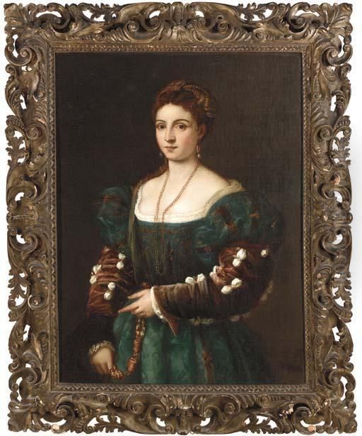 'la Bella' Or Portrait Of A 
Lady, Three-quarter-length, In A Green And Gold Embroidered Dress Oil Painting by Tiziano Vecellio (Titian)