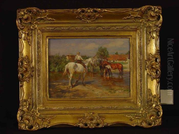 Stallburschen Mit Pferden Am Flussufer Oil Painting by Wilhelm Velten