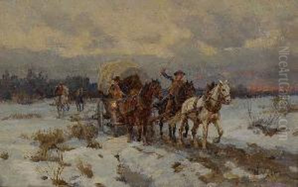 Pfedefuhrwerk Und Reiter In
 Winterlandschaft Oil Painting by Wilhelm Velten