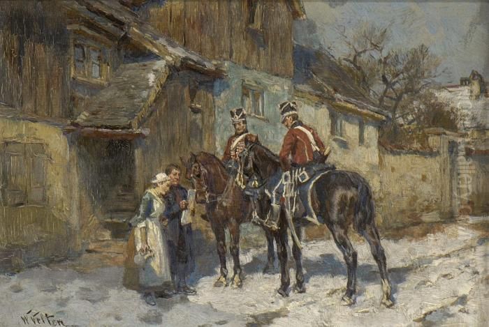 Zwei Gendarmen Vor Dem
 Dorfgasthaus. Oil Painting by Wilhelm Velten