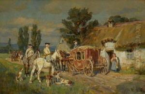 Halt Der Kutsche Vor Dem
 Bauernhaus. Oil Painting by Wilhelm Velten