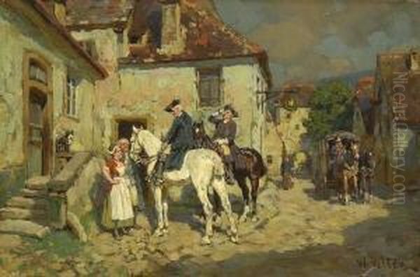Reiter Bei Rast Vor Der
 Dorfwirtschaft. Oil Painting by Wilhelm Velten