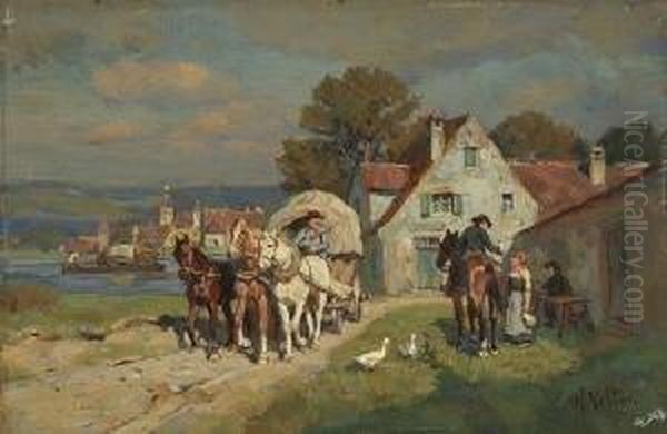 Rast Vor Dem Gasthaus Am
 Fluss. Oil Painting by Wilhelm Velten