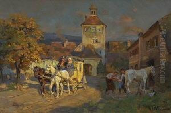 Postkutsche Vor Dem
 Stadtor. Oil Painting by Wilhelm Velten