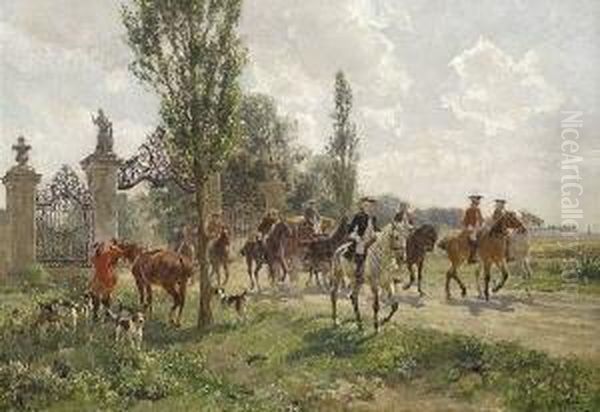 Jagdgesellschaft Vor Dem Tor Zum
 Schlosspark. Oil Painting by Wilhelm Velten