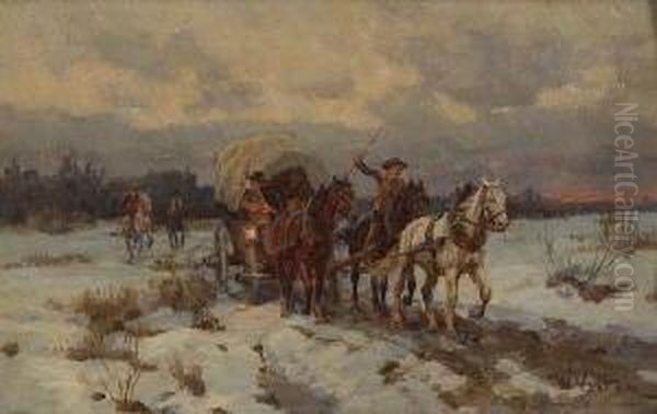 Pferdefuhrwerk Und Reiter In
 Winterlandschaft Oil Painting by Wilhelm Velten