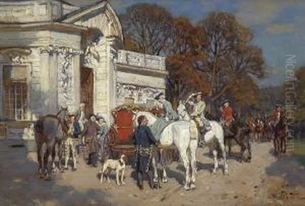 Hofische Jagdgesellschaft Vor Der
 Amalienburg Im Nymphenburger Schlosspark. Oil Painting by Wilhelm Velten