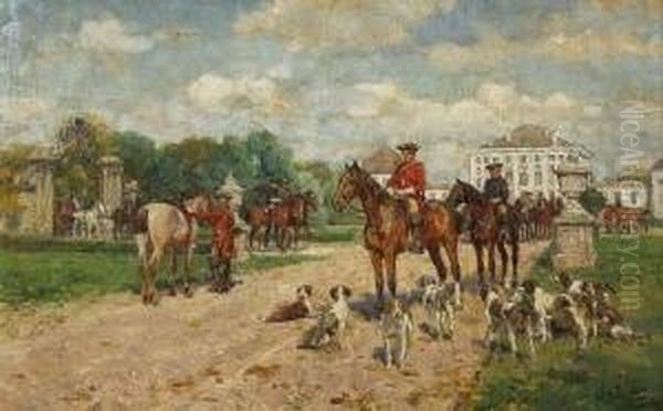 Parforcejager Vor Schloss
 Nymphenburg. Oil Painting by Wilhelm Velten