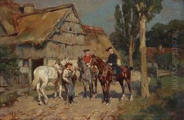 Reiter Im Gesprach Mit Einem
 Bauern Vor Dessen Gehoft. Oil Painting by Wilhelm Velten