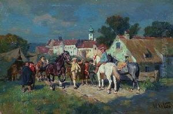Pferdehandel Vor Einem Alten
 Stadtchen. Oil Painting by Wilhelm Velten