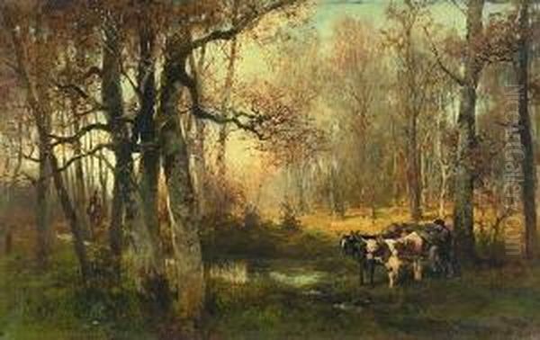 Holzfuhrwerk Im
 Herbstwald. Oil Painting by Wilhelm Velten