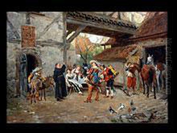 Landsknechte Und Trommler Beim 
Einstellen Der Pferde In Einerschenke Mit Jungen Madchen Und Einem Monch Oil Painting by Wilhelm Velten